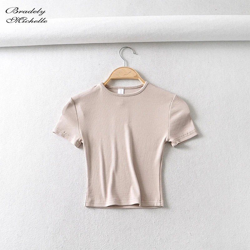 Bradely Michelle Fashion Casual 2020 Summer Woman Slim Fit T-shirt Tight Cotton Short-Sleeve O-neck Tee Crop Tops