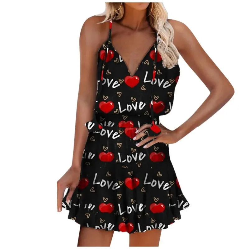 Summer Elegant Women Dress Casual Beach Boho V-neck Printed Sleeveless Ruffled Suspender 2023 Plus Size Ladies Dresses Vestidos