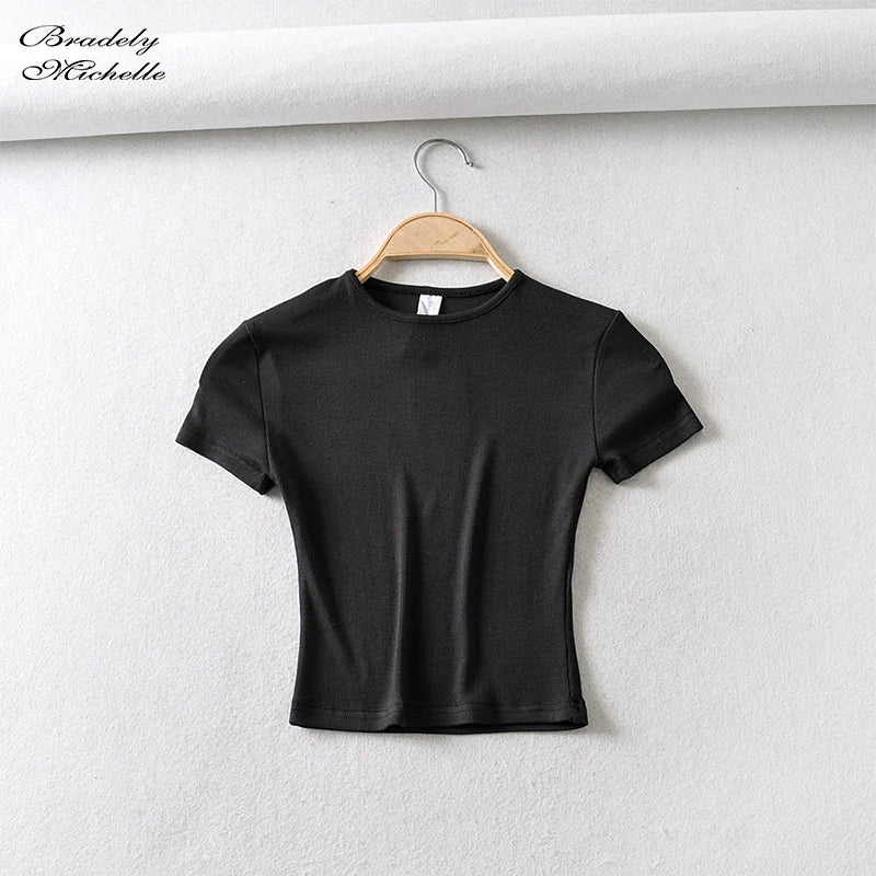 Bradely Michelle Fashion Casual 2020 Summer Woman Slim Fit T-shirt Tight Cotton Short-Sleeve O-neck Tee Crop Tops