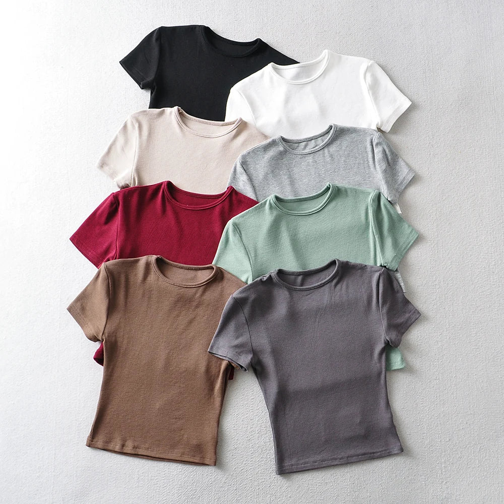 Bradely Michelle Fashion Casual 2020 Summer Woman Slim Fit T-shirt Tight Cotton Short-Sleeve O-neck Tee Crop Tops
