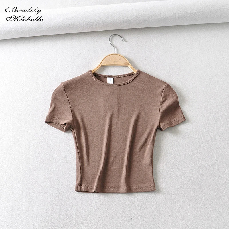 Bradely Michelle Fashion Casual 2020 Summer Woman Slim Fit T-shirt Tight Cotton Short-Sleeve O-neck Tee Crop Tops