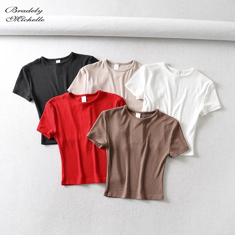 Bradely Michelle Fashion Casual 2020 Summer Woman Slim Fit T-shirt Tight Cotton Short-Sleeve O-neck Tee Crop Tops