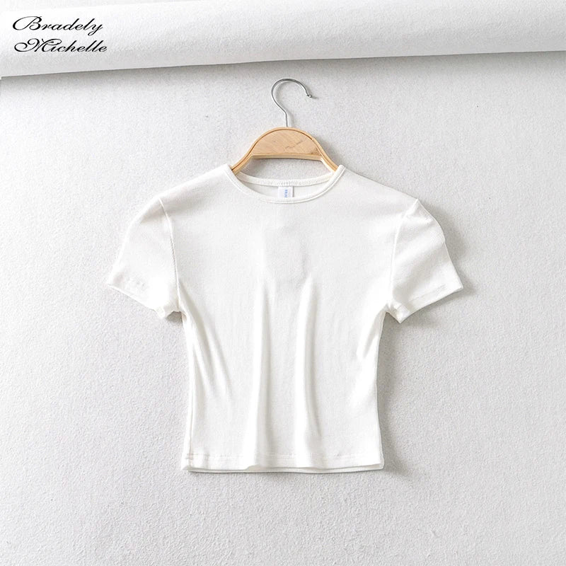 Bradely Michelle Fashion Casual 2020 Summer Woman Slim Fit T-shirt Tight Cotton Short-Sleeve O-neck Tee Crop Tops