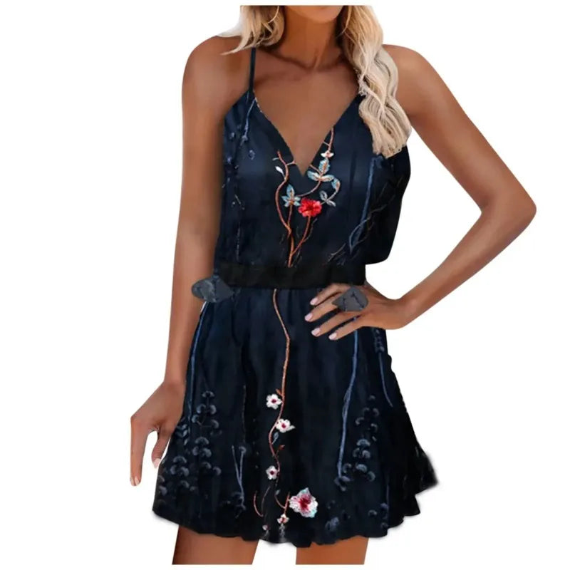 Summer Elegant Women Dress Casual Beach Boho V-neck Printed Sleeveless Ruffled Suspender 2023 Plus Size Ladies Dresses Vestidos